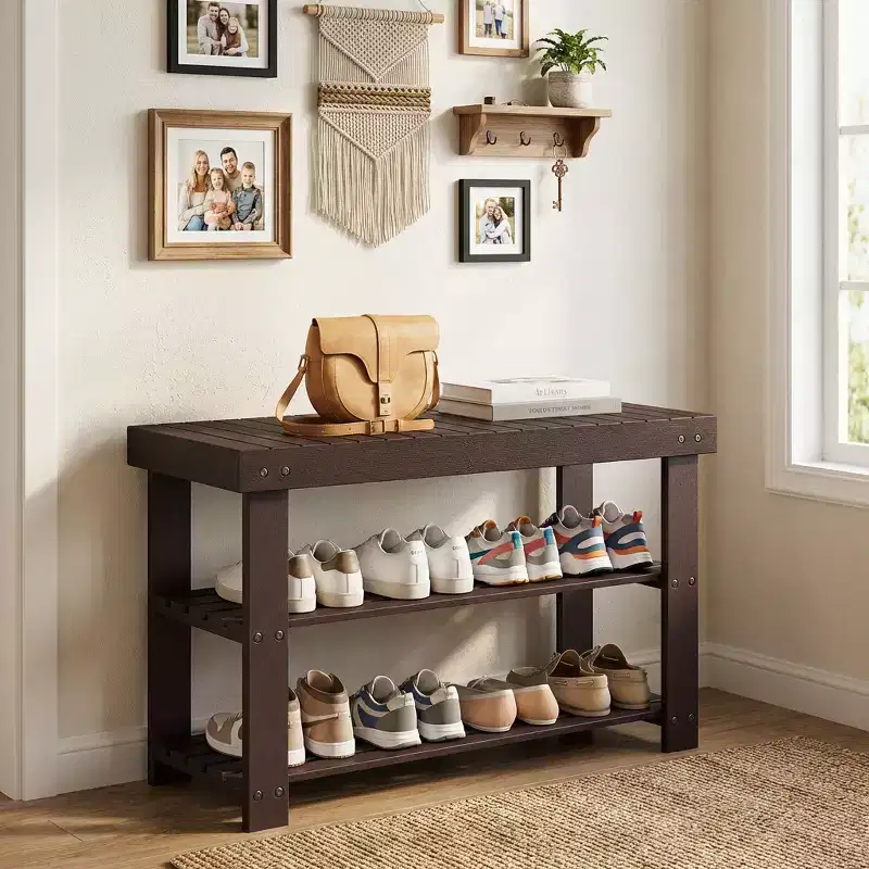 Shoe Rack Bench, 3-Tier Bamboo Shoe Storage Organizer, Entryway Bench, Holds Up to 286 lb, 11.3 x 27.6 x 17.8 Inches, for Entryway Bathroom Bedroom