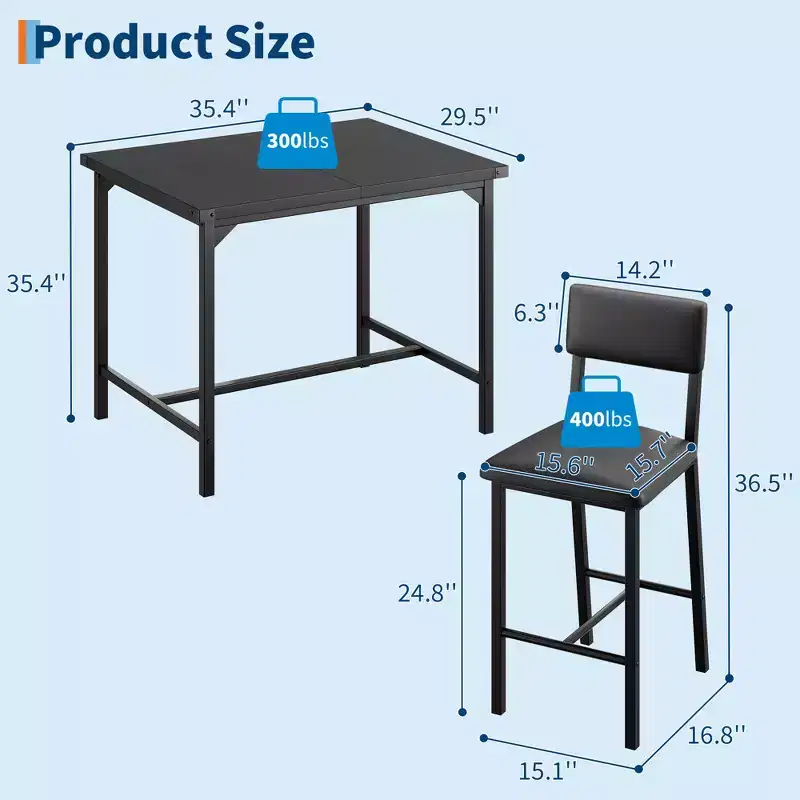 COZONY Counter Height Dining Table Set for 2 with 2 Upholstered Stools, Footrest & Backrest for Small Spaces