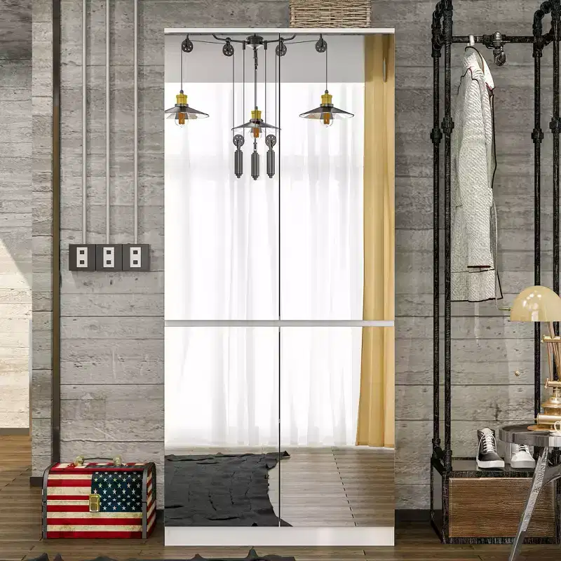 Famapy White Armoire With Hanging Rod and Mirrored Doors