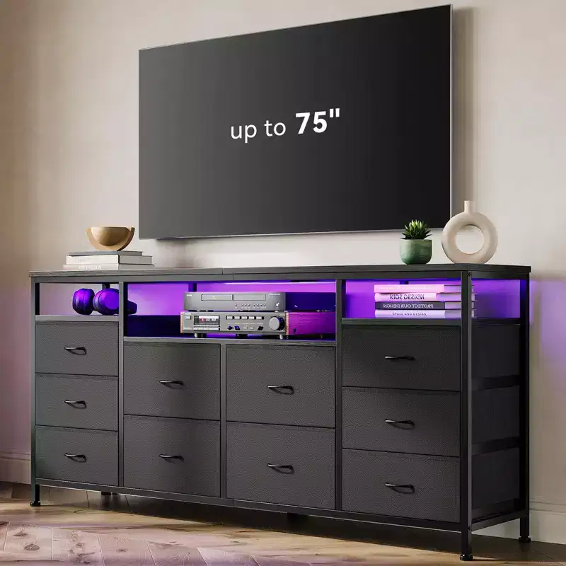 63.3 Inch Black Dresser for Bedroom, 10 Drawer Dresser TV Stand for 65 70 75 Inch TV, Fabric Chest of Drawers with LED Lights & Power Outlets