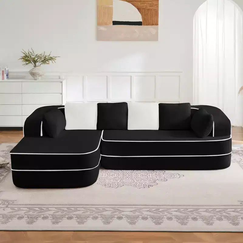 106 Teddy Fabric No Assembly 32D Boneless Sofa,Contrast color design,Fluffy Comfy Couch with L-Shaped Chaise,for Living Room