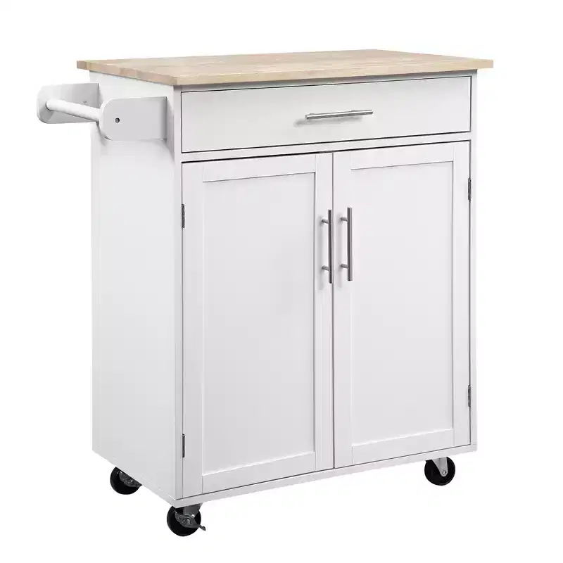 FAMYYT White Solid Rubber Wood Top 17.8 in. Kitchen Island Cart with 2 Door Cabinet and Drawers