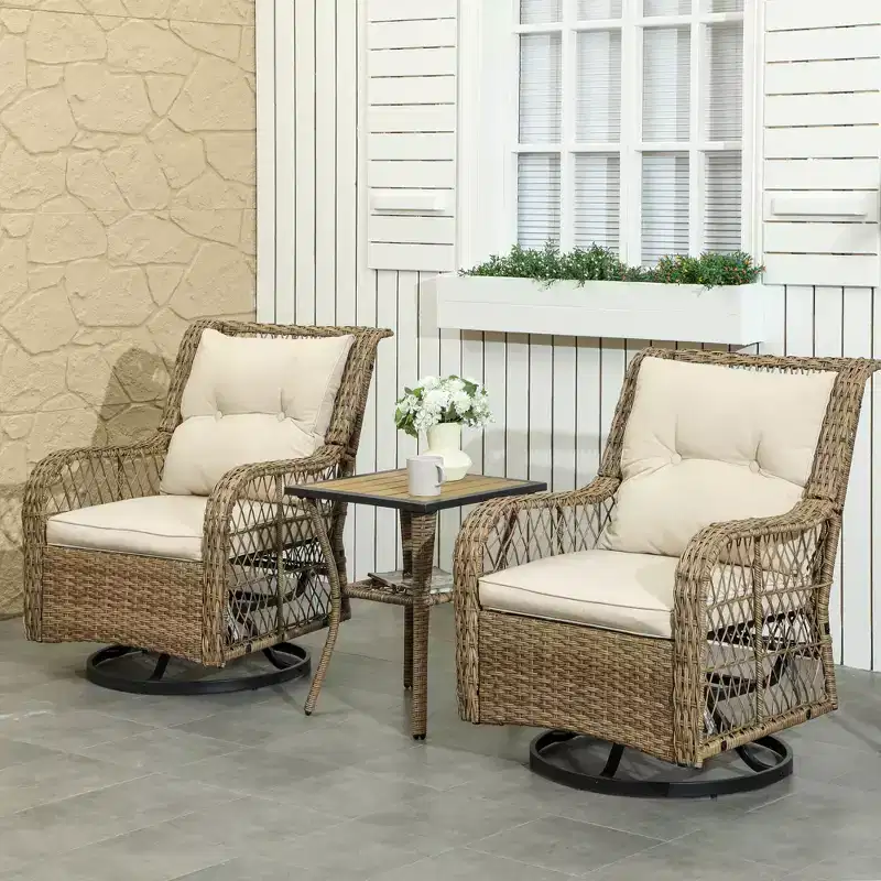 3 Piece Outdoor Bistro Set, Wicker Small Patio Furniture Set with Swivel Glider Chairs for Balcony, Porch