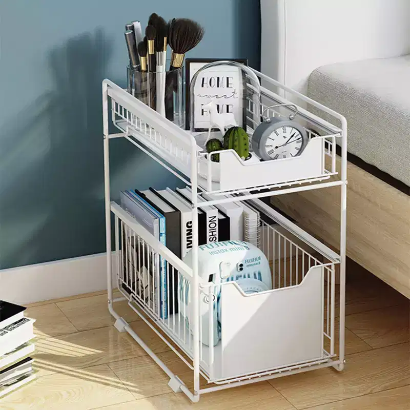White 2-Tier Pull Out Cabinet Organizer,Heavy Duty Slide Out Pantry Shelves Drawer Storage Fixed with Adhesive Film, Basket for Kitchen Bathroom Home