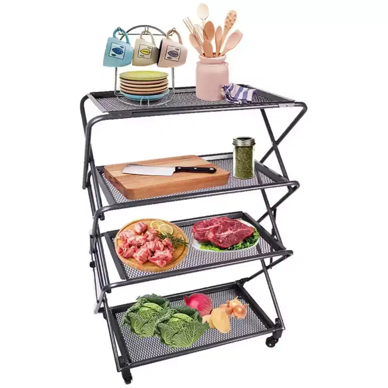 4-Tier Foldable Steel Shelf with Casters, Powder-Coated, Removable Mesh Trays, 39