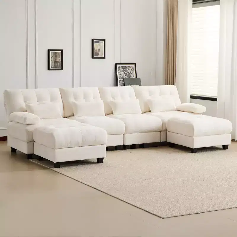 Whisen 119 4-Seater Chenille Sofa, Sectional Sofa & Couch with 2 Ottomans, Adjustable Backrest, 4 Throw Pillows