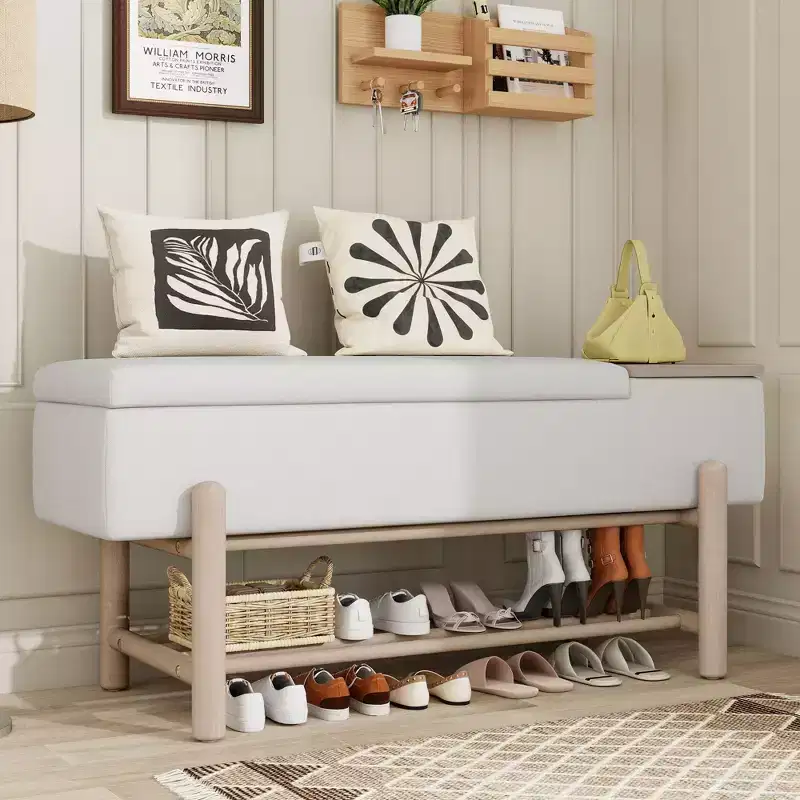 JVNOXK Farmhouse Upholstered Storage Bench with Hidden Compartment, Modern Entryway Bench for Living Room, Hallway, Natural