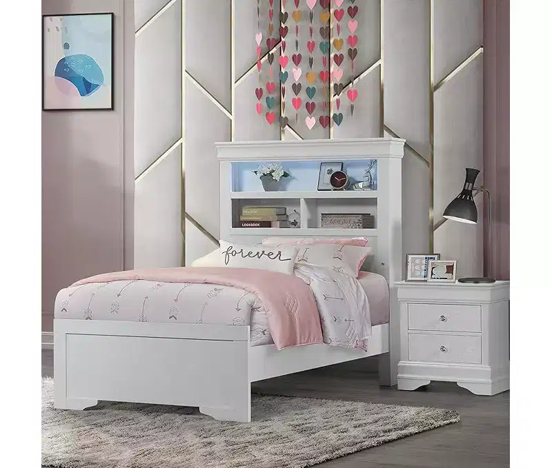 55.9 in.H Twin Size White Bookcase Bed with Metal Bed Frame