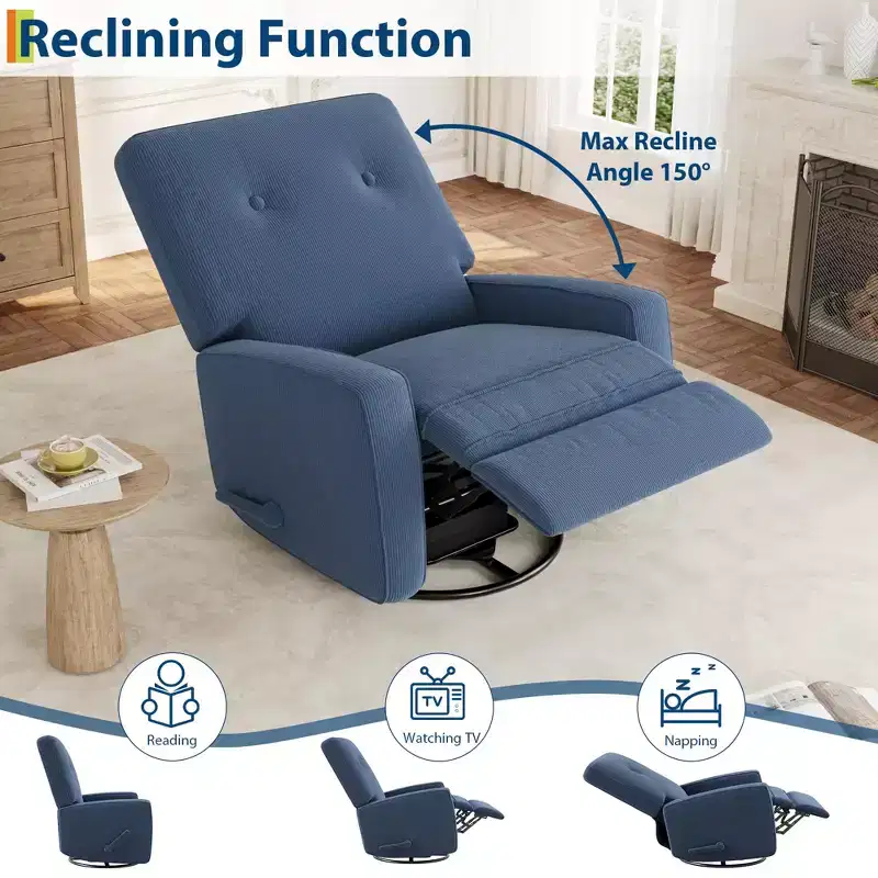 Recliner Chair, 360 Swivel Rocking Glider Chair for Adults with Adjustable Backrest & Footrest, Corduroy Upholstered Armchair
