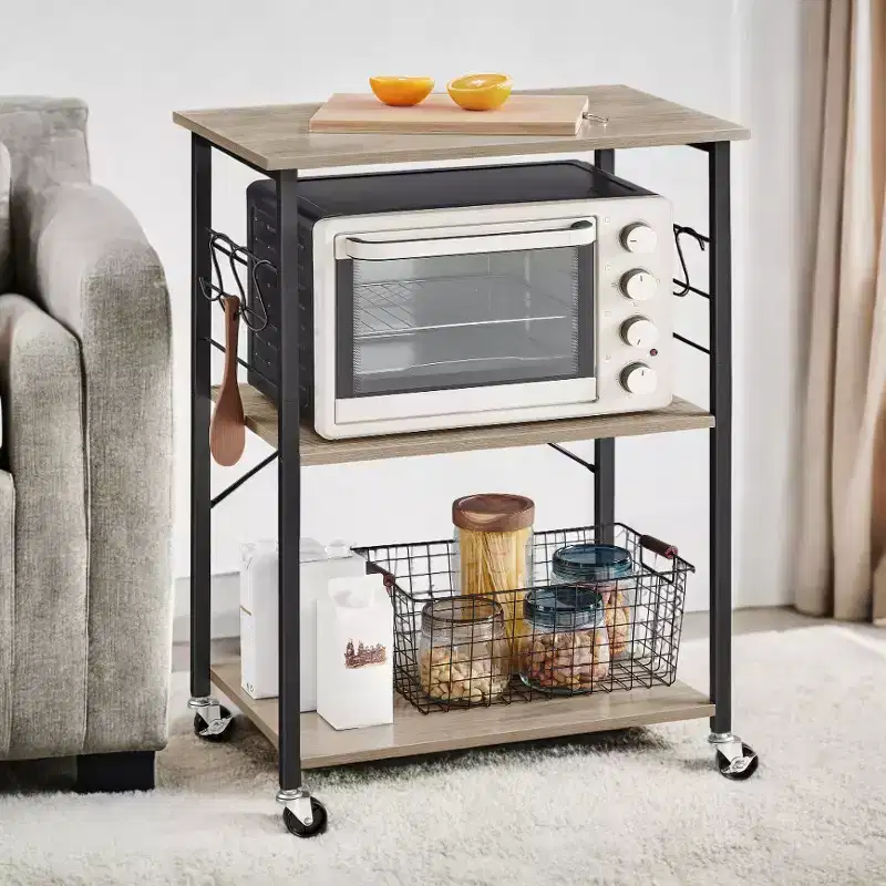 Kitchen Shelf on Wheels, Serving Cart with 3 Shelves, Kitchen Cart, Microwave Shelf, for Mini Oven, Toaster, with 6 Hooks