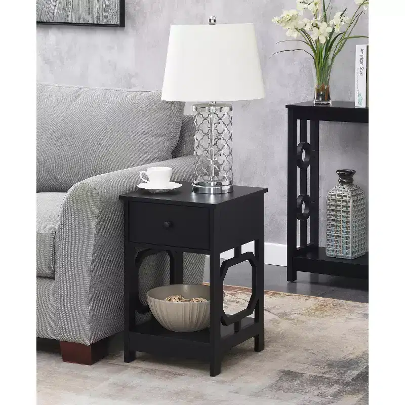 1-Drawer End Table with Octagon Side Design, Two-Tier Shelves, Stylish Accent Table for Bedroom Storage