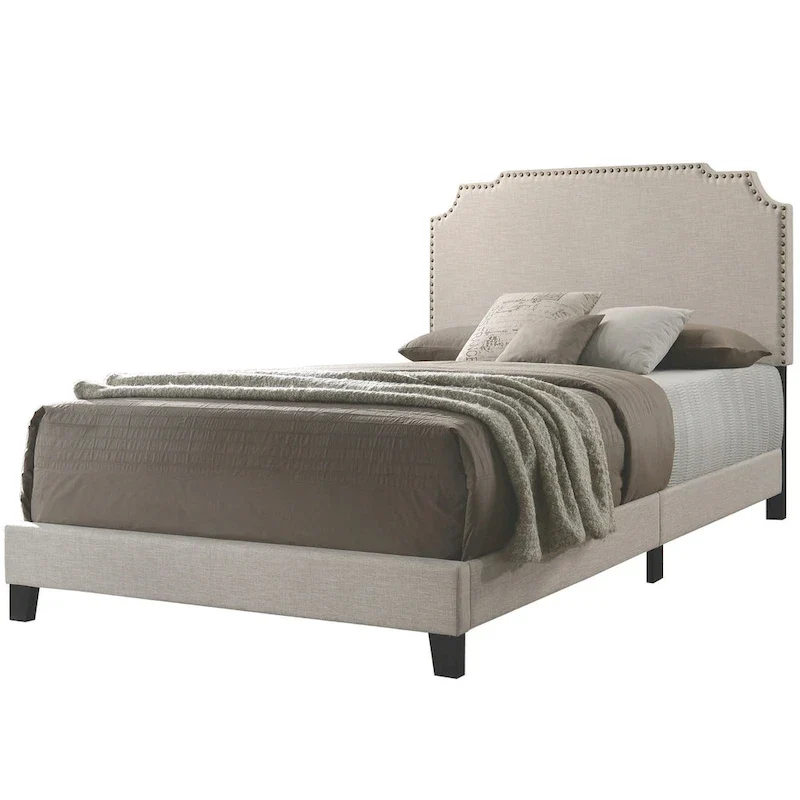 Beige/Black/Green Upholstered Platform Bed with Nailhead Trim – Full/Queen (1-Person) & King (2-Person)