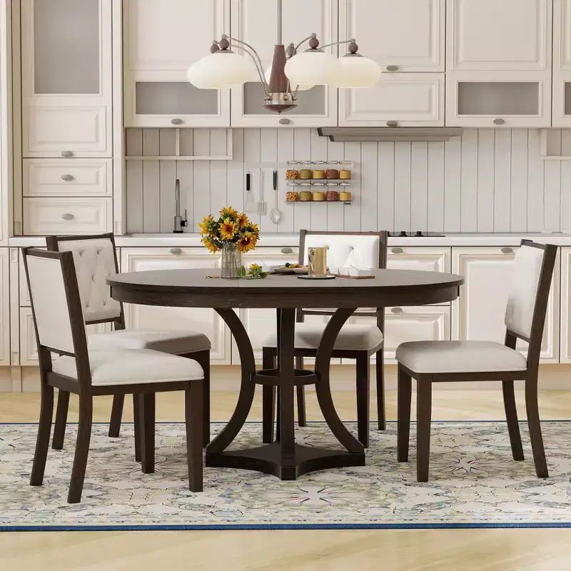 Round Extendable Dining Table Set for 4, 5 Piece Retro Functional Wood Dining Table Set with 4 Upholstered Chairs for Kitchen