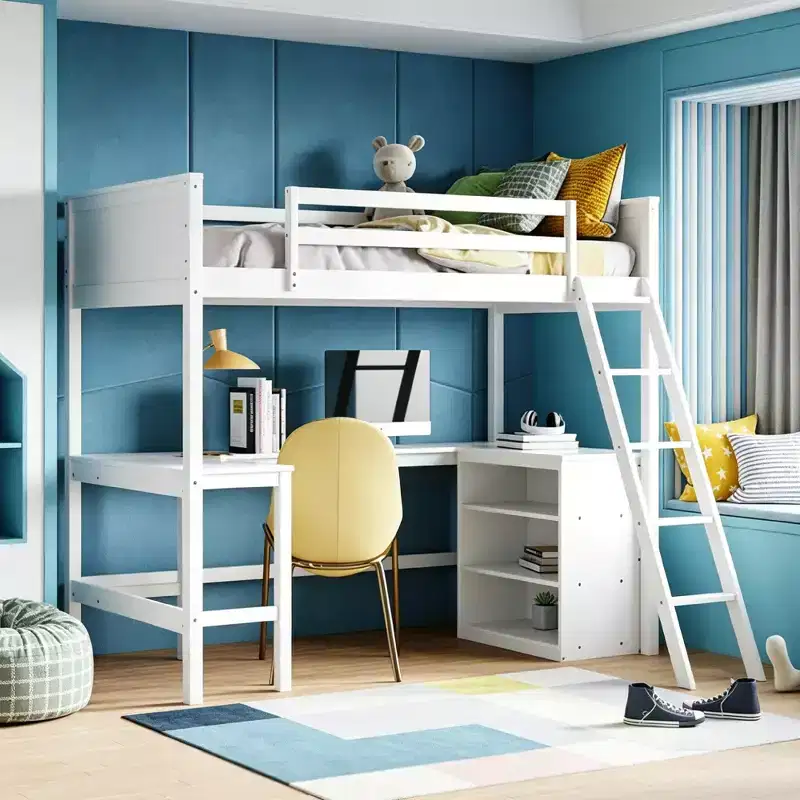 Modern Twin Size Loft Bed with Built-In Desk and Storage Shelves