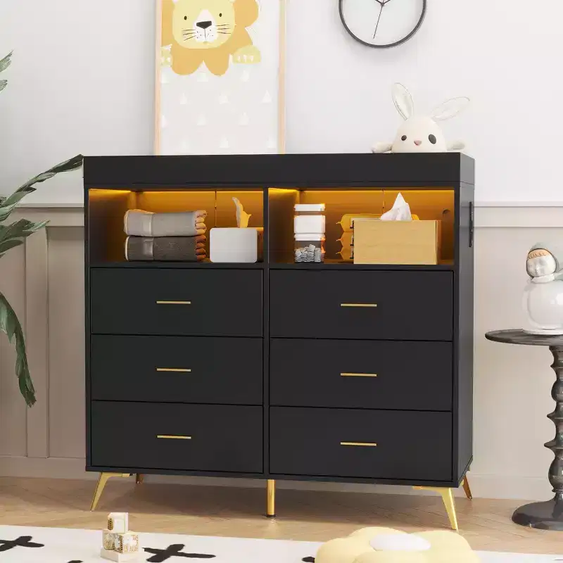 Changing Table Dresser  Multi-Functional Baby Nursery Dresser with LED Lights & Power Outlet (6 Drawers + 2 Shelves)