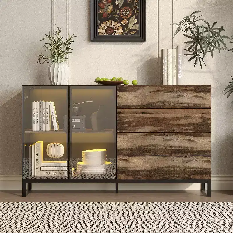 Industrial-Style Display Cabinet with 8 LED Lighting & 4 Drawers, Multi-Storage Organizer with Glass Doors, Rustic Brown & Black