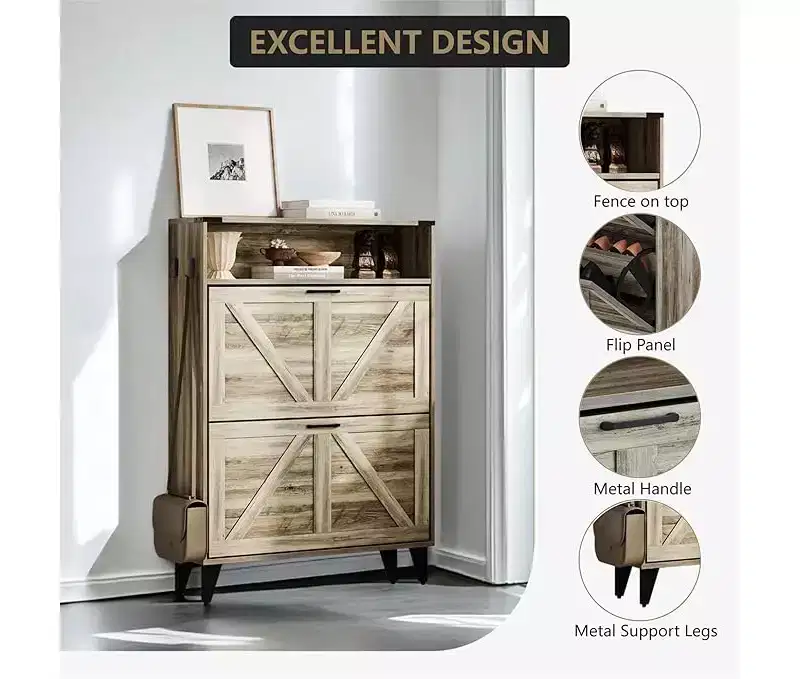 Gray / White Slim Flip-Door Shoe Cabinet with Metal Legs, 2-Drawer, Family Use