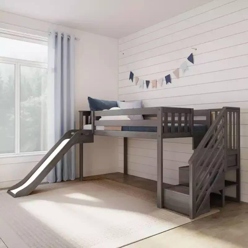 Twin Size Low Loft Bed with Slide and Stairs, Solid Wood Kids Platform Bed