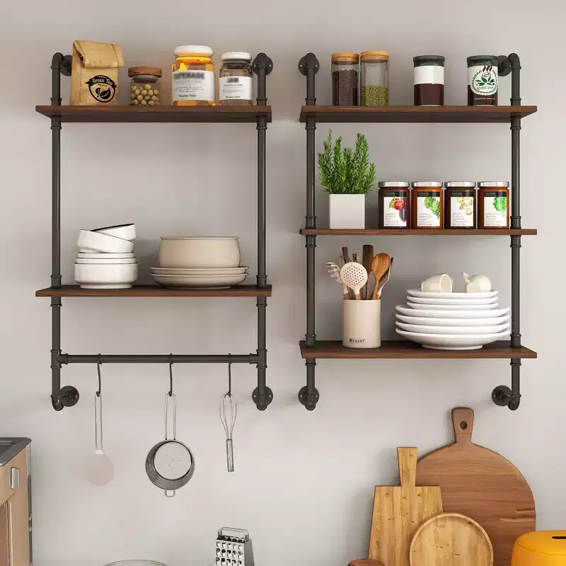 GDFStudio Sian Rustic 2-Tier and 3-Tier Industrial Open Pipe Shelves with 3 Additional Hooks