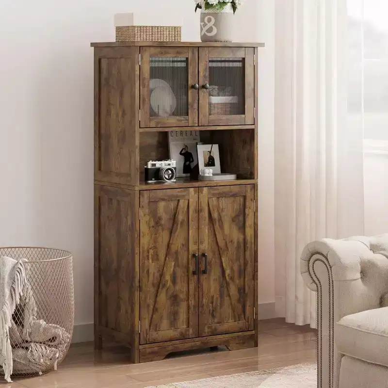 54in Tall Kitchen Cabinet, Farmhouse Storage Cabinet with Glass Doors and Adjustable Shelves