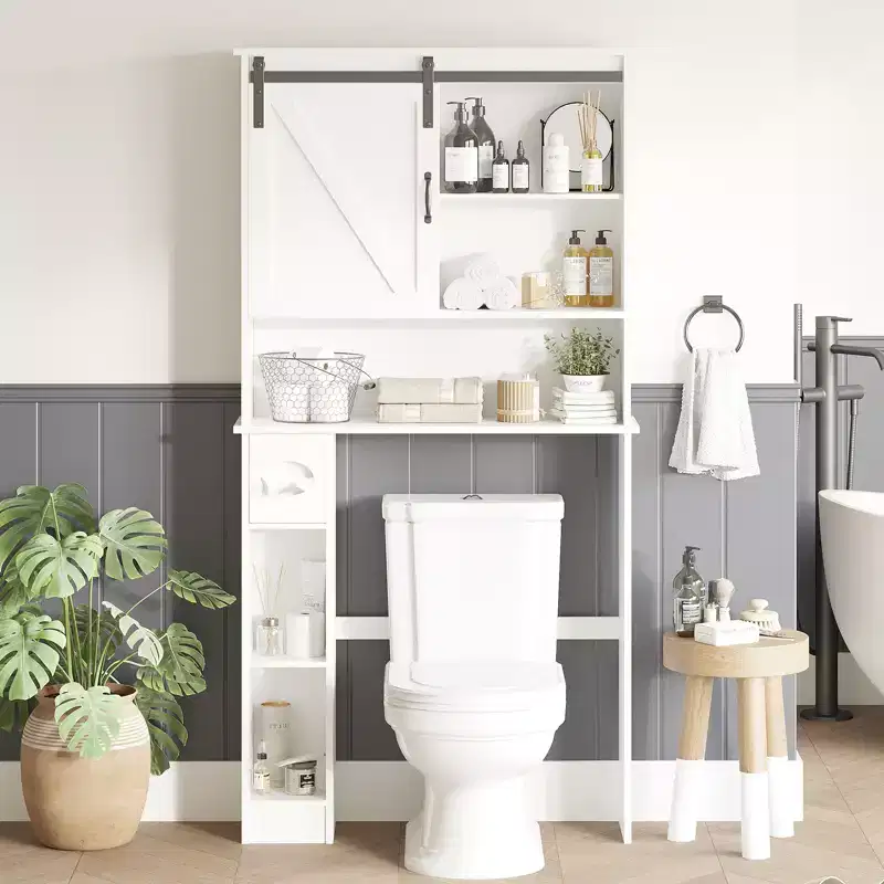 Over The Toilet Storage Cabinet, Double Door Bathroom Organizer with Adjustable Shelves & Toilet Paper Holder for Bathroom Space Saving White