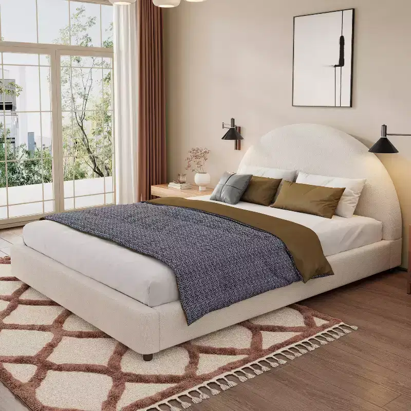 Queen/King Size Upholstered Platform Bed Frame with Round Curved Padded Headboard, White - ModernLuxe