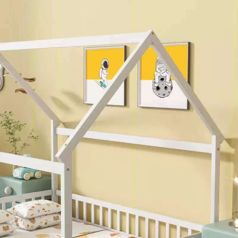 MAYEERTY Full House Floor Wooden Bed with Floor Frames, Safety Guardrails White