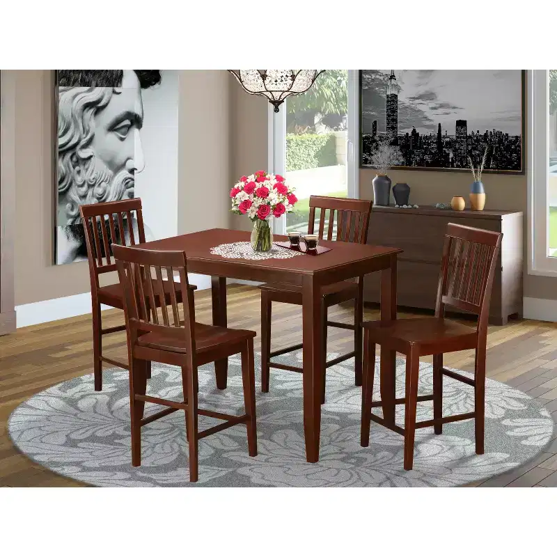 HomeStock Pub Counter Height Dining Set Mahogany Finish