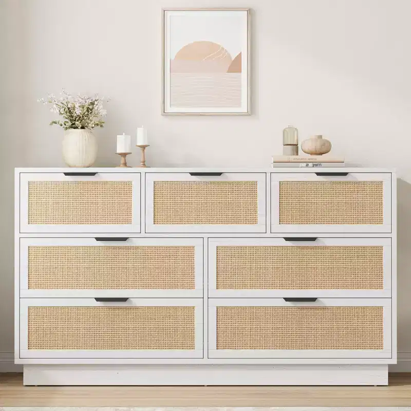 Rattan 7 Drawer Dresser, 55in Wide White 7 Chest of Drawers with Metal Handles and Wooden Sturdy Base for Bedroom Living Room Nursery Closet