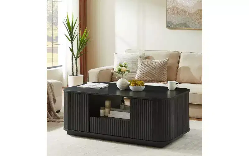 TUYOHW Wavy Curved Wooden Coffee Table with Ample Storage, Modern Rustic Center Table for Living Room, Luxury Oval Tea Table with Drawers
