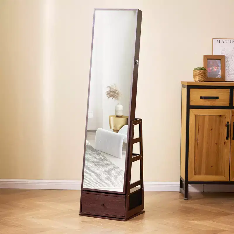 VEVOR Mirror Jewelry Cabinet, 360 Swivel Standing Mirror with Storage, Lockable Jewelry Mirror Organizer with Full Length Mirror, Brown