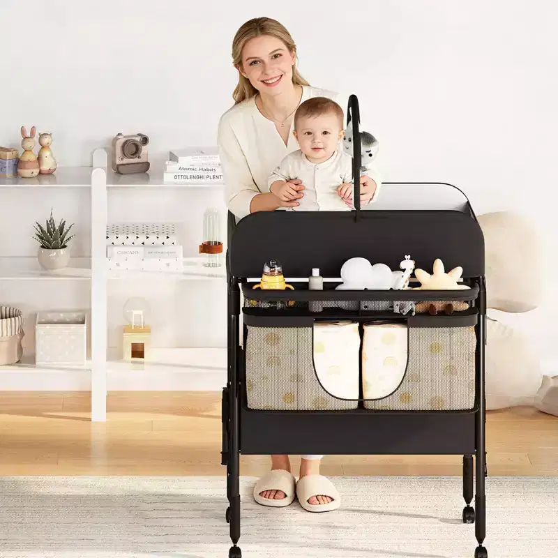 GustoWave Baby Changing Table with Storage,Foldable Diaper Changing Station with 2 Baskets, Height-Adjustable Waterproof Table for Newborns & Infants