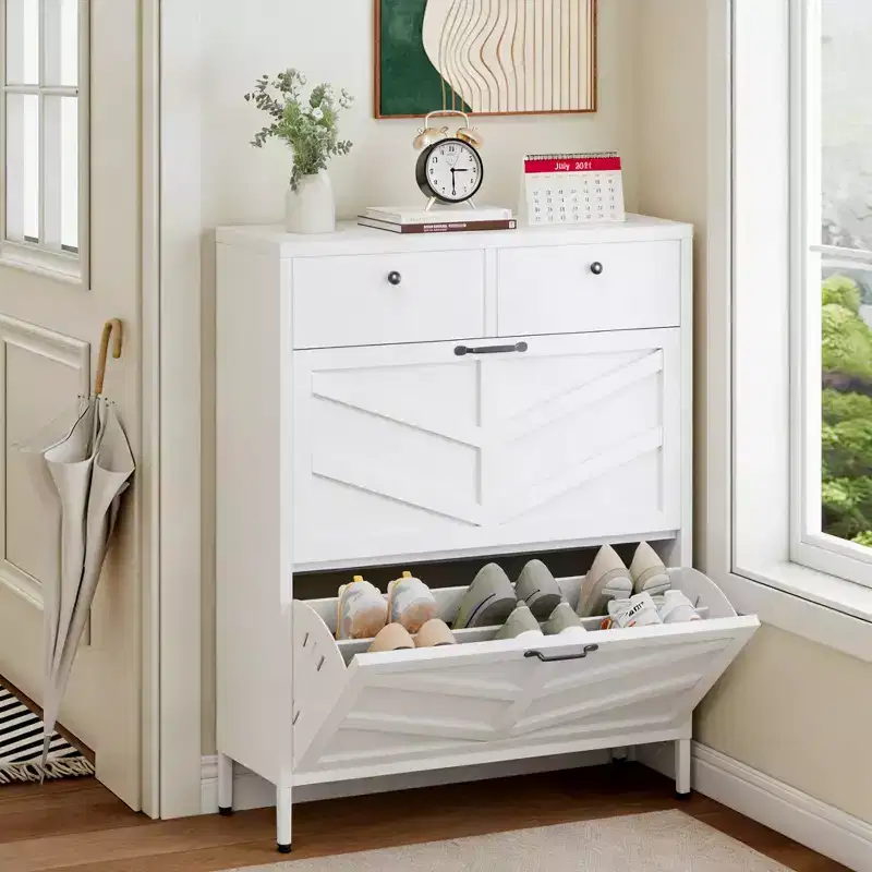 TUYOHW Slim Metal Freestanding Shoe Cabinet with Flip & Regular Drawers, Anti-Tip Shoe Rack, Multi-functional Shoe Organizer for Entryway