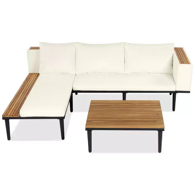 GDFStudio Nolan Patio Modern Acacia Wood and Metal L-Shaped Sofa Conversation Set with Coffee Table