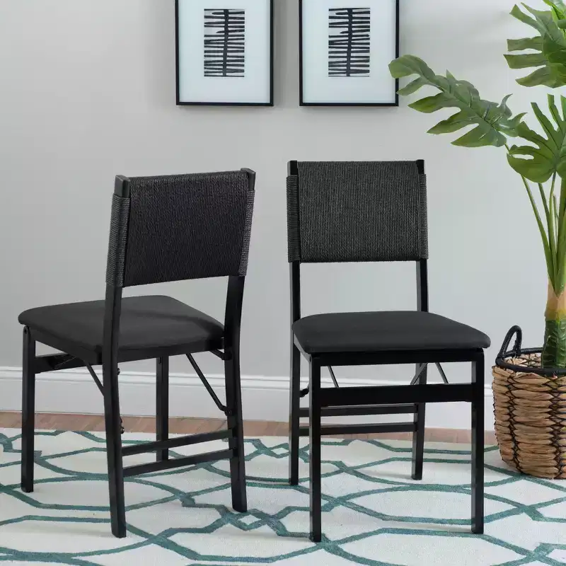 Set of 2 Thames Rope Back Padded Seat Midcentury Modern Folding Chair Black: Rubberwood, Polyester Upholstery, No Assembly Required