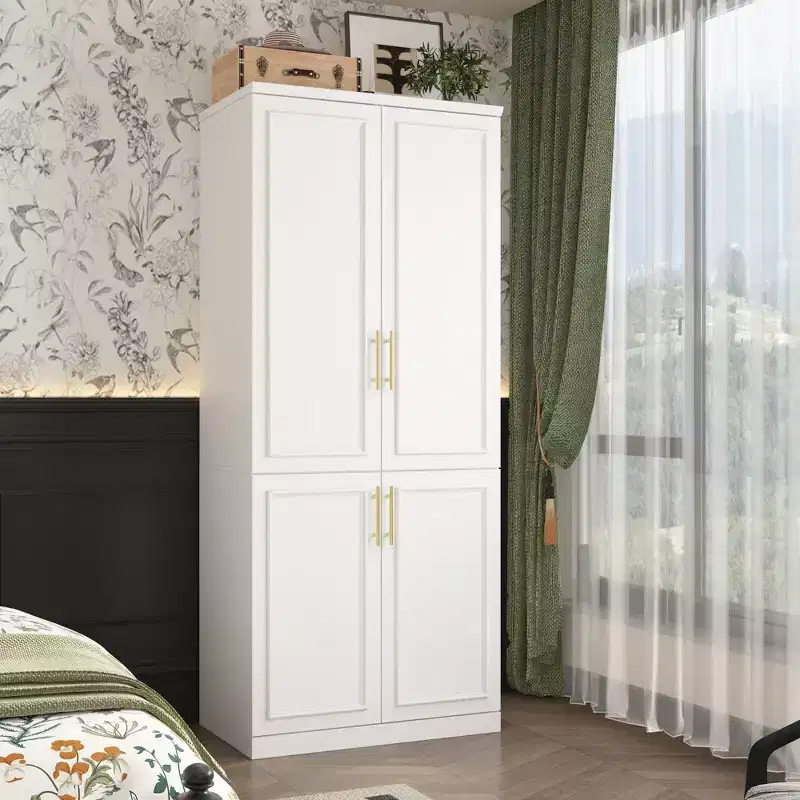 Hitow White Armoire Combination Wardrobe Modern Minimalist Style Embossed Lines