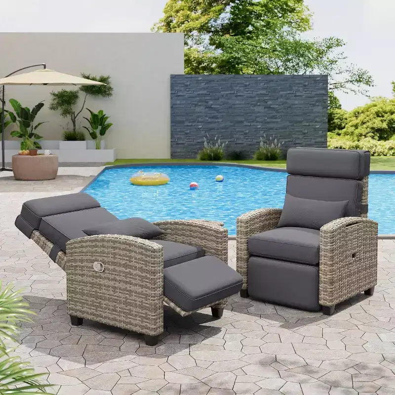 Outdoor Recliner Chair with Adjustable Backrest, Flip-Up Table and Removable Cushion  All-Weather Wicker Lounge Chair for Patio, Pool, Deck