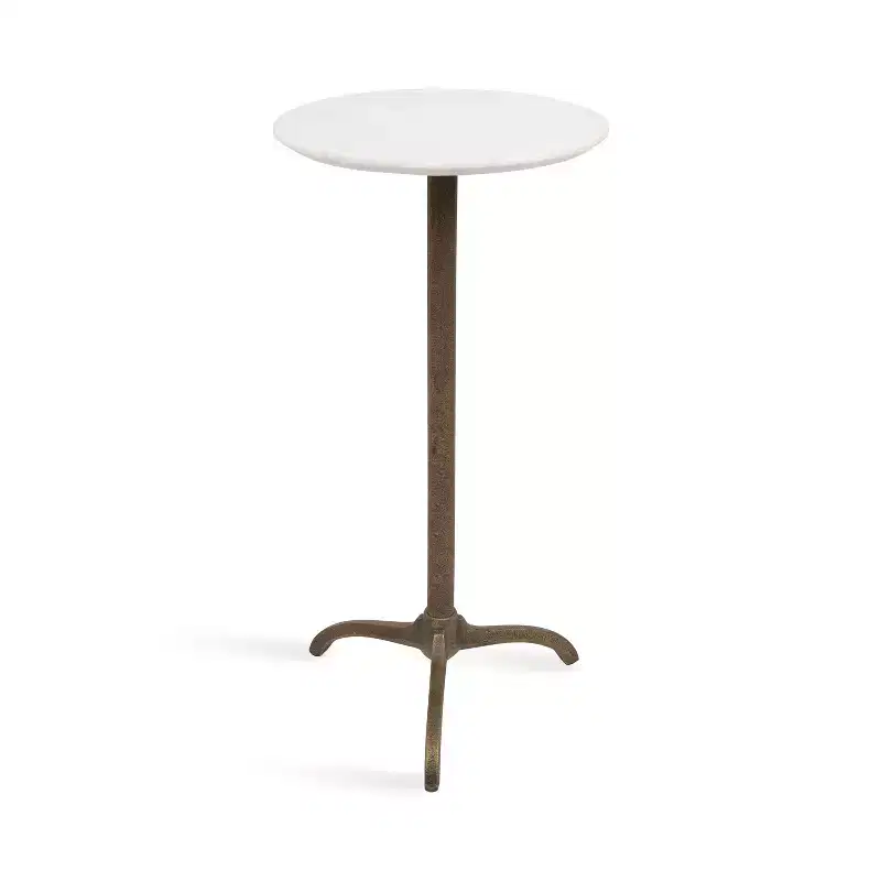 Marble and Metal Round Side Table, White and Bronze, 12x12x24