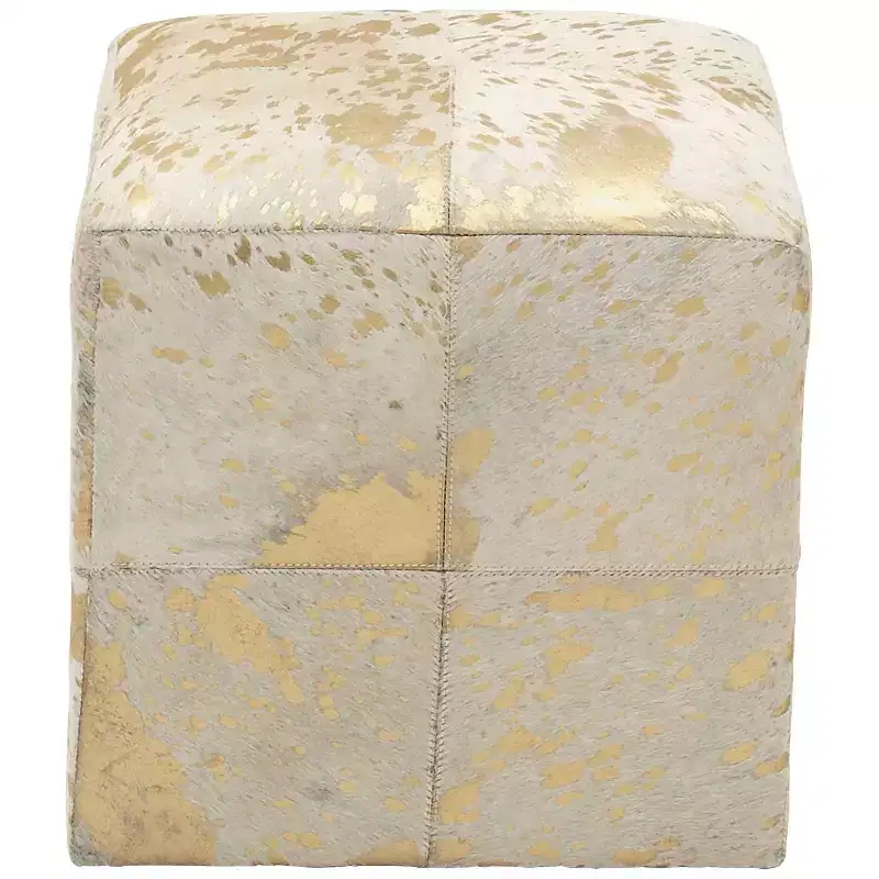 Astoria Weathered Gold Leather Hide Pouf Ottoman