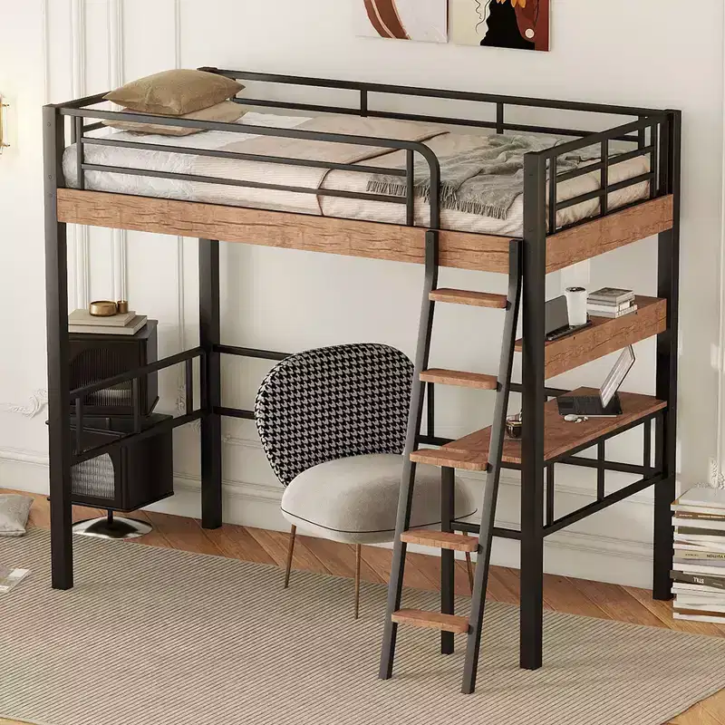 Okak Industrial Twin/Full Size Loft Bed with Built-in Desk,Metal Bunk Bed with Storage Shelves & Ladder,Multi-Functional Loft Beds for Teens & Adults