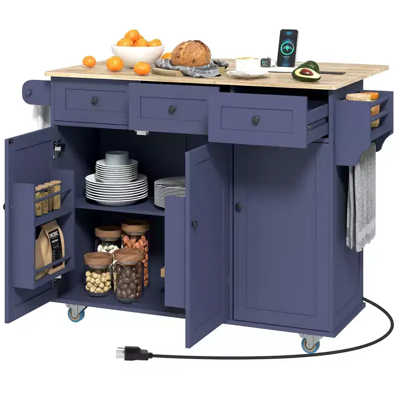 Rolling Kitchen Island with Charging Station & Drop Leaf – 53