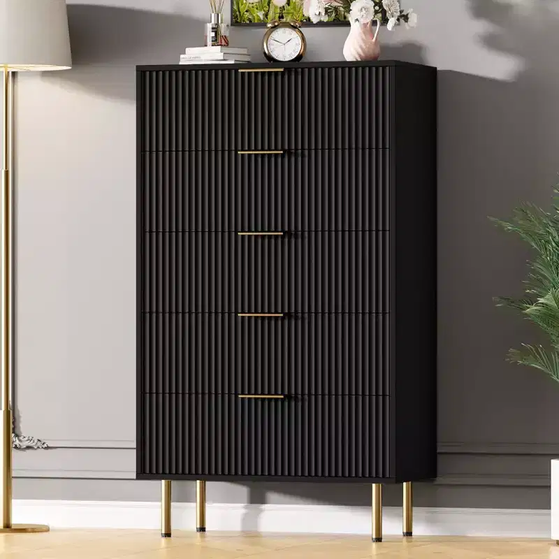 Acekool 5 Drawer Dresser, Tall Modern Chest with Fluted Panels, Wide Gold Handles, Bedroom Storage Organizer for Closet, Living Room, Entryway