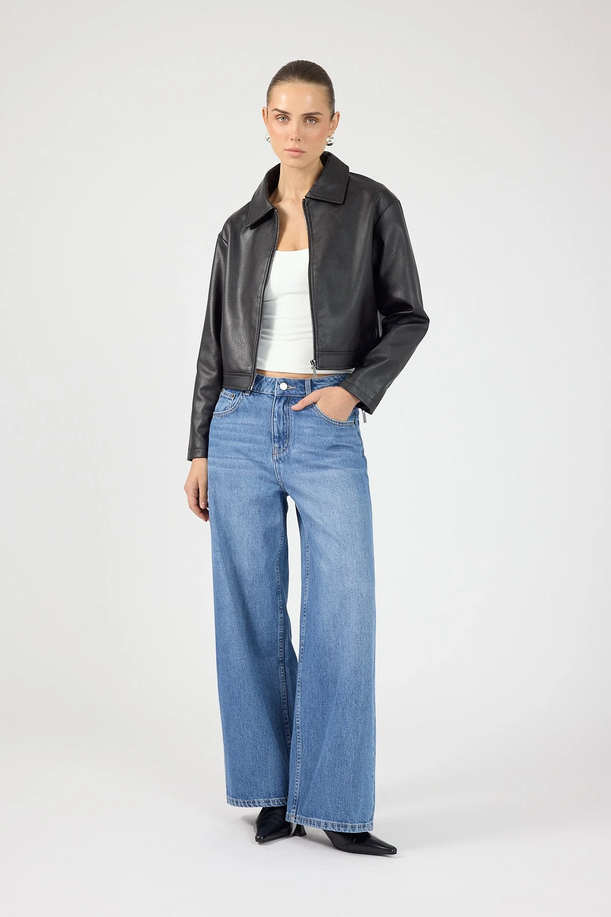 Faux Leather Zip Up Jacket Black