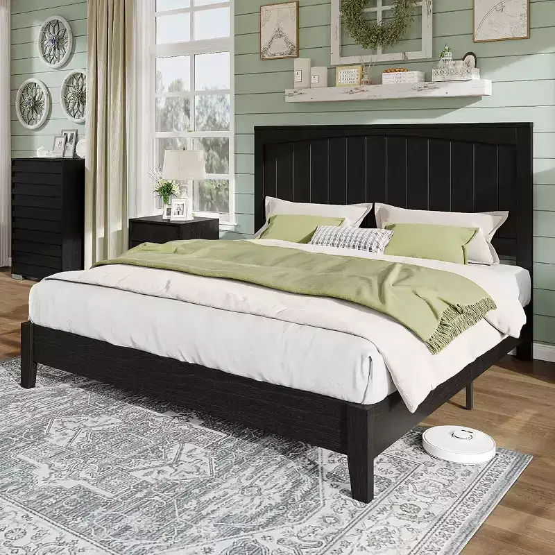 AMERLIFE Solid Wood Bed Frame, Mid Century Platform Bed with Arched Lines Headboard