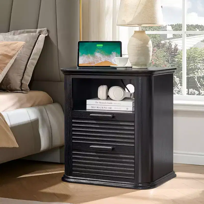 Fluted Nightstand with Charging Station, Modern Bedside Table with 2 Drawers & Open Shelf, End Table for Living Room, Bedroom, Home Office
