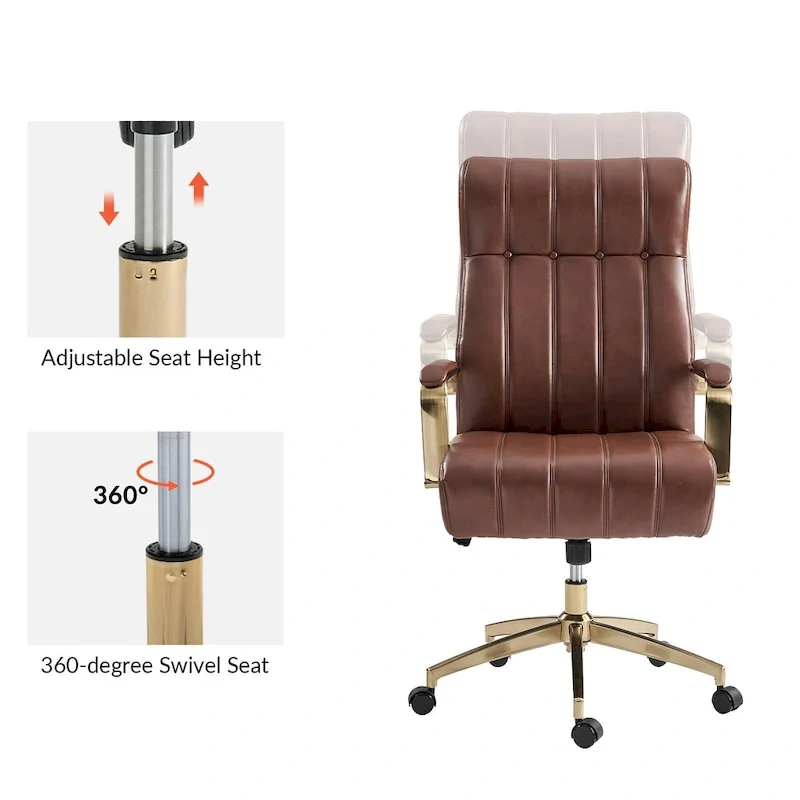 Mid-Century Modern Vegan Leather Swivel Tilting Office Chair with Channel Tufted and Metal Feet
