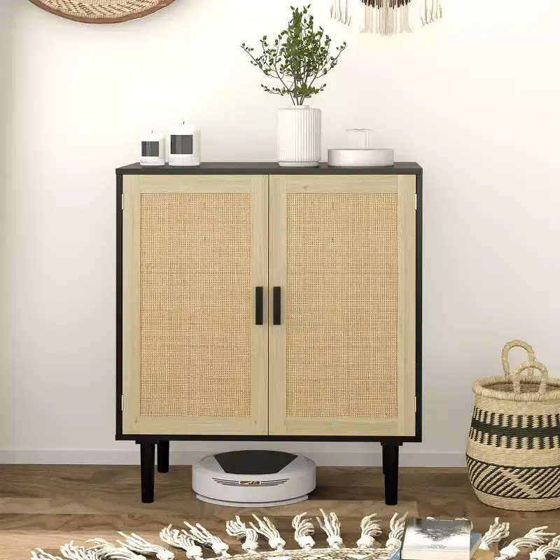 Bohemian Sideboard, 31.5 Buffet Cabinet with 2 Rattan Doors and Shelves for Living Room, Hallway
