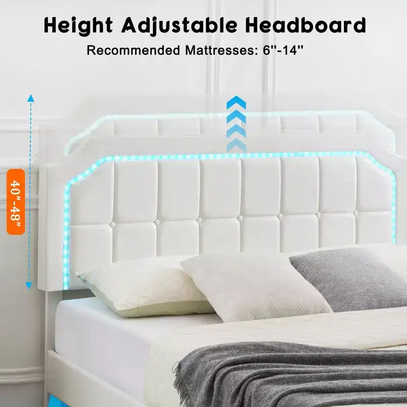 Floating Bed Frame Full Size with RGB Lights - Adjustable PU Headboard, Metal Platform & No Box Spring, White