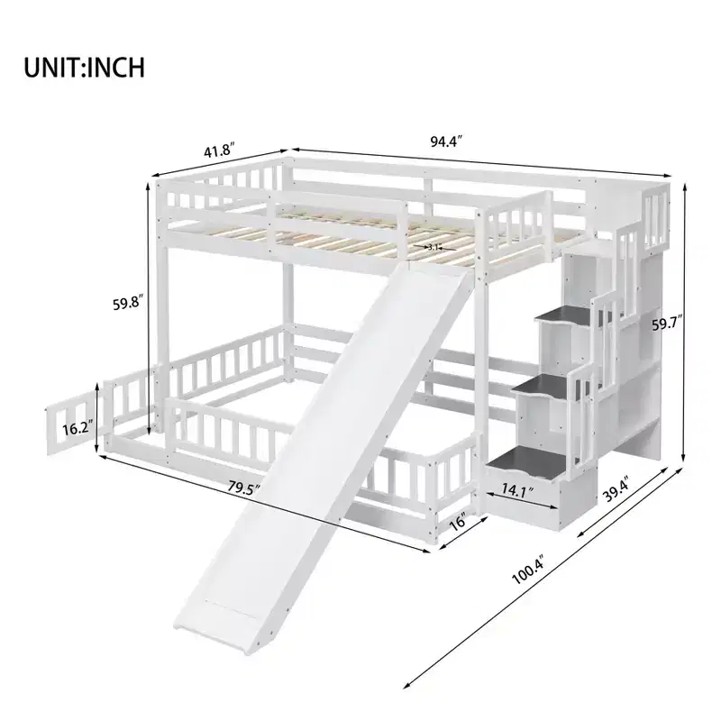 Twin Over Full Bunk Bed with Slide, Safety Guardrails and Storage Staircase
