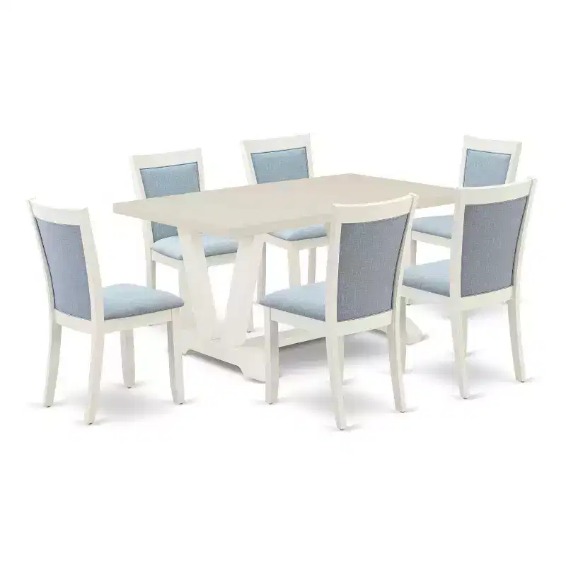 HomeStock 7-Piece Wire Brushed Linen White Finish Solid Wood Top Dining Table with 6 Chairs